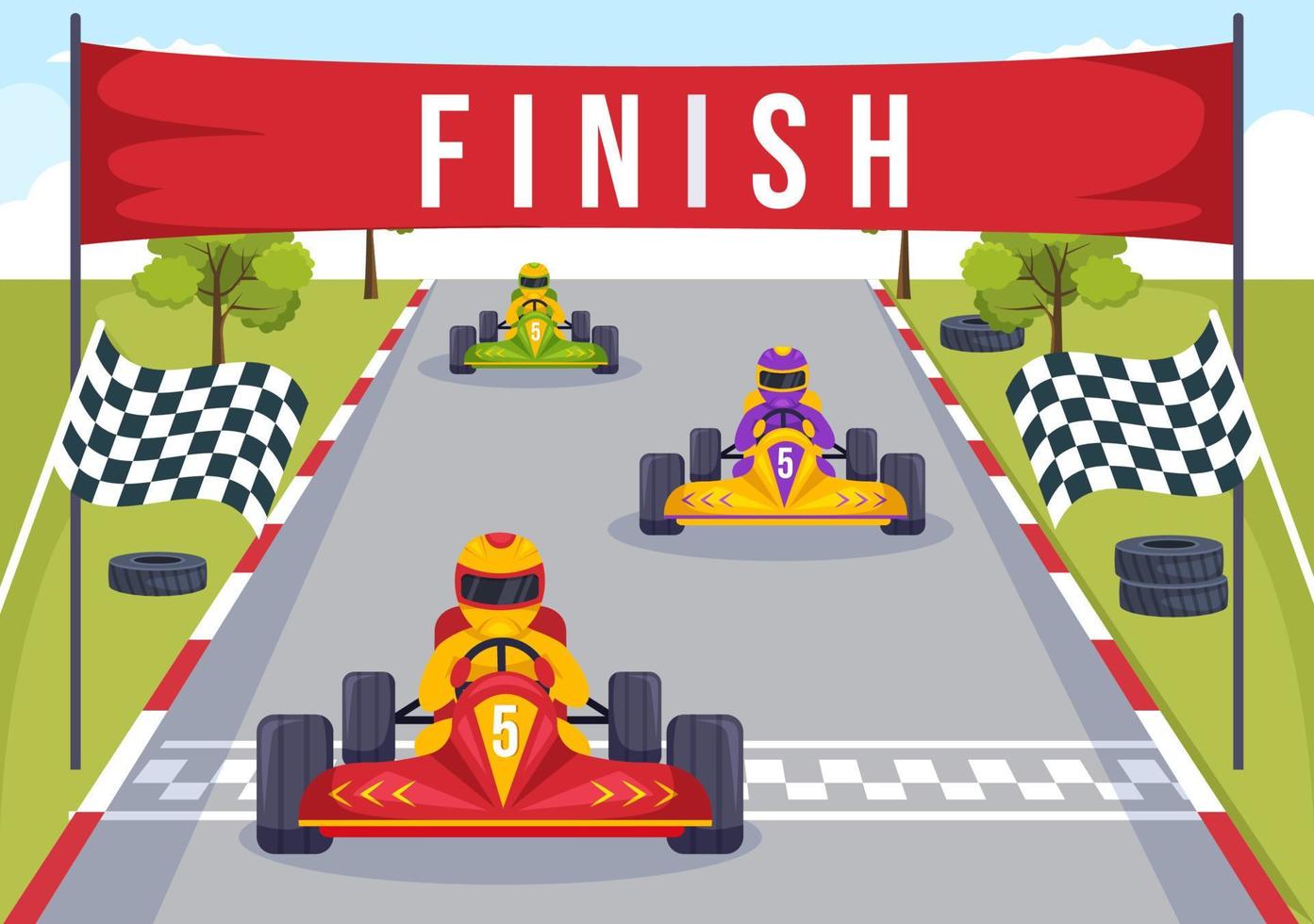 esporte de kart com jogo de corrida go kart ou mini carro em pequena pista de circuito em ilustração de modelo desenhado à mão de desenho animado plano vetor
