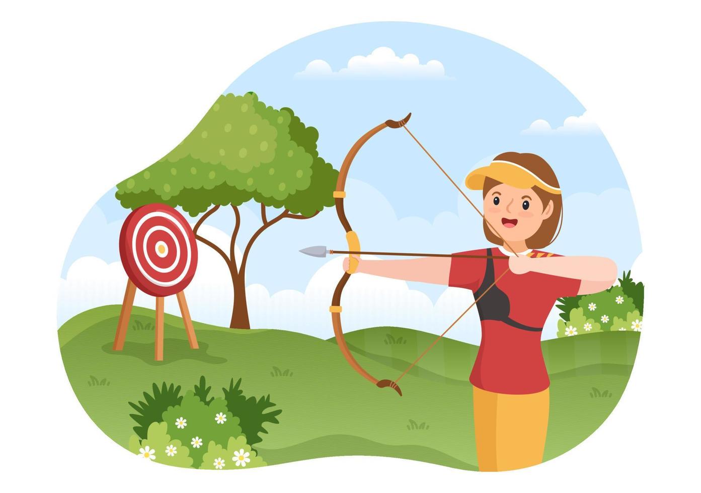 esporte de arco e flecha com arco e flecha apontando para o alvo para atividade recreativa ao ar livre em ilustração de modelo desenhado à mão plana dos desenhos animados vetor