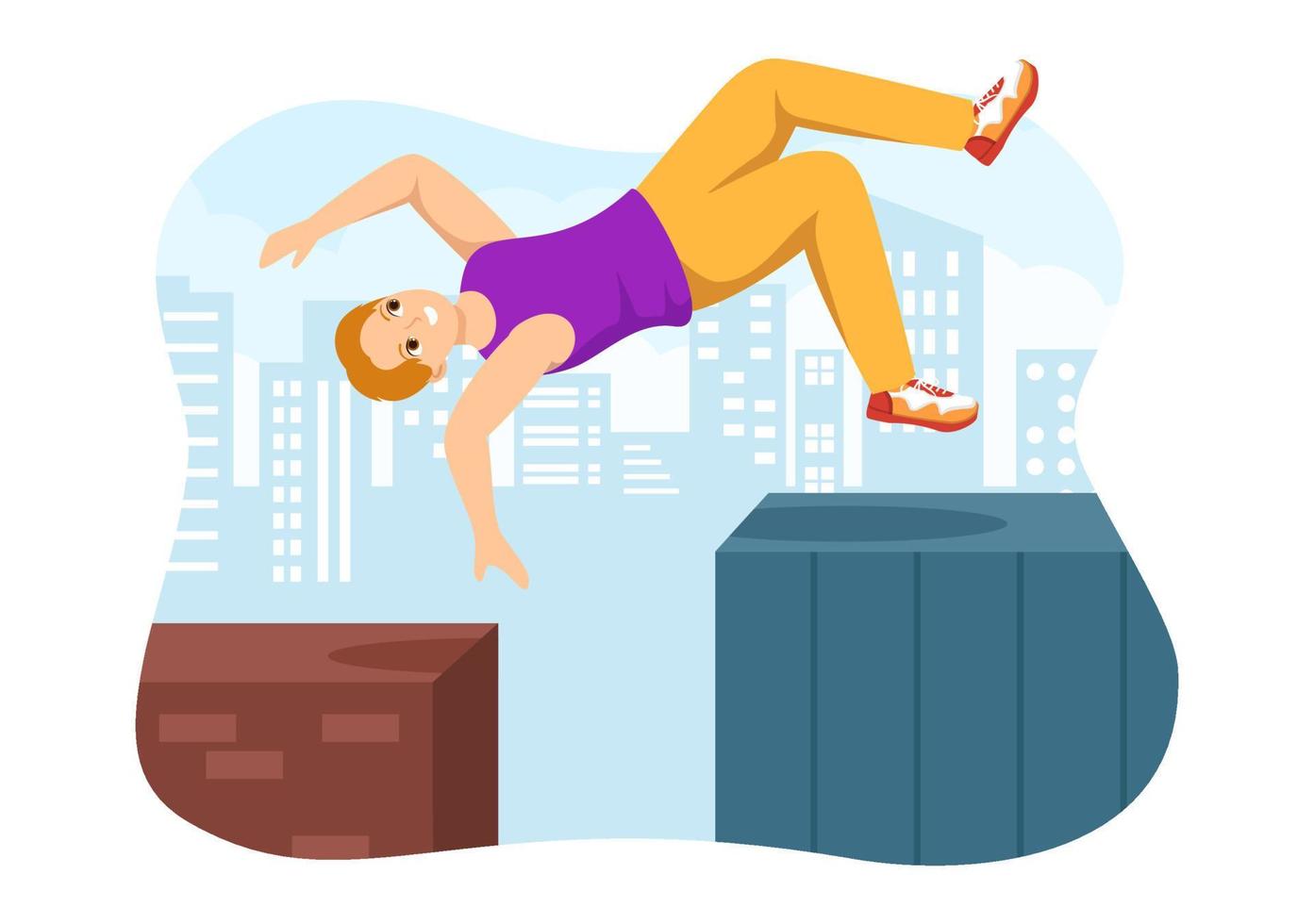 esportes de parkour com homens jovens pulando paredes e barreiras nas ruas da cidade e edifícios em ilustração de modelo desenhado à mão plana dos desenhos animados vetor