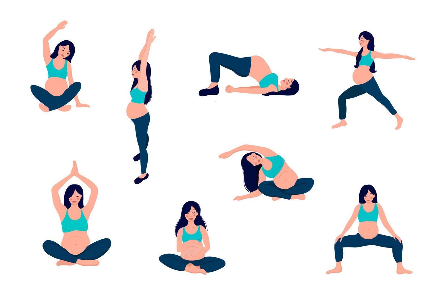 mulher grávida fazendo yoga, 8 exercícios para saúde e relaxamento. vetor