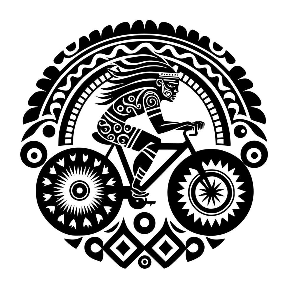 ciclista chefe asteca, ilustração ornamentada. design para bordado, tatuagem, camiseta, emblema, escultura em madeira, logotipo. vetor