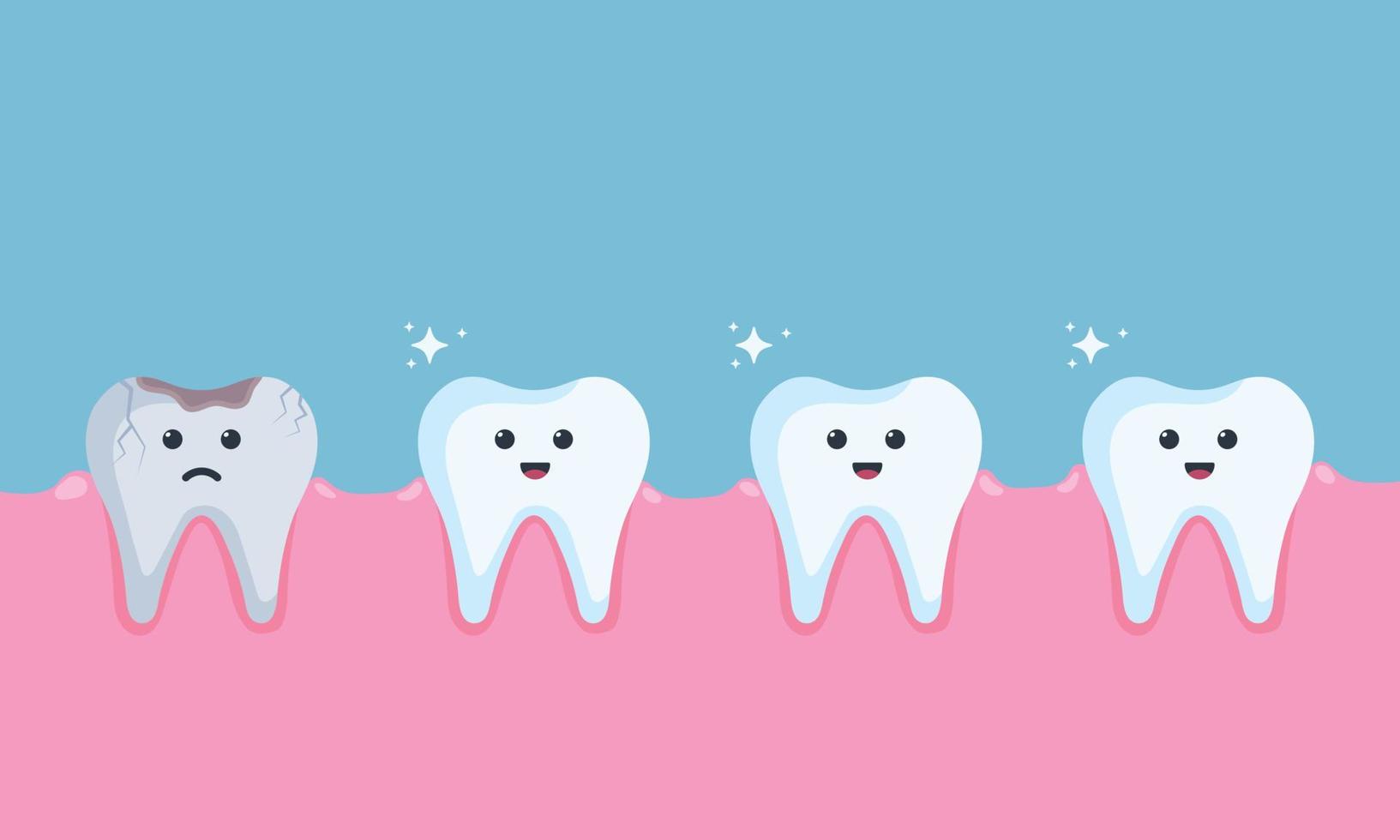 dentes brancos saudáveis e dente escurecido danificado com buraco. personagem triste de odontologia infantil. ilustração em vetor conceito de elementos infográficos dentários