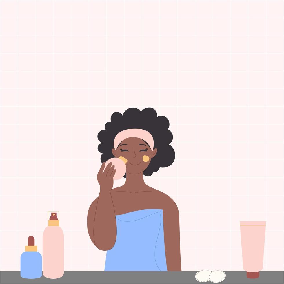 uma mulher negra afro-americana está lavando o rosto com cosméticos no banheiro. vetor