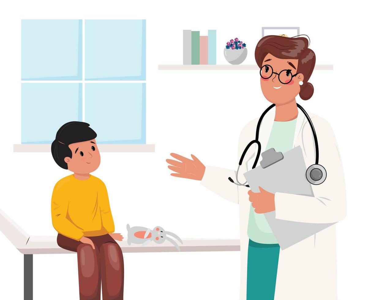 ilustração de médica e um menino falando sobre seus problemas. pediátrico, cuidados de saúde, cuidados com o corpo, ilustração do conceito de medicina. vetor