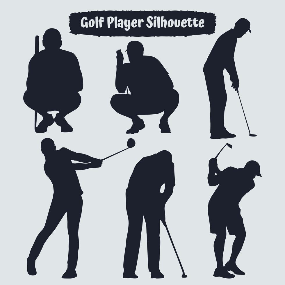 coleção de silhuetas masculinas de jogadores de golfe em diferentes poses vetor