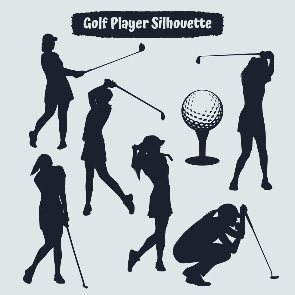 coleção de silhuetas femininas de jogadoras de golfe em diferentes poses vetor