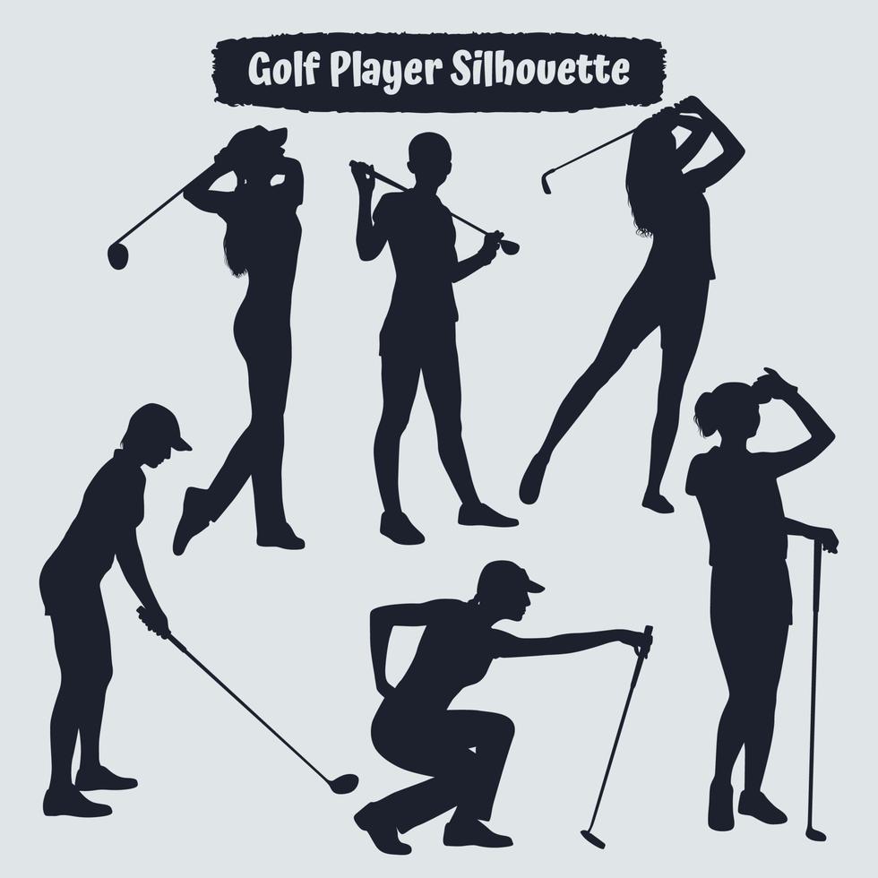 coleção de silhuetas femininas de jogadoras de golfe em diferentes poses vetor