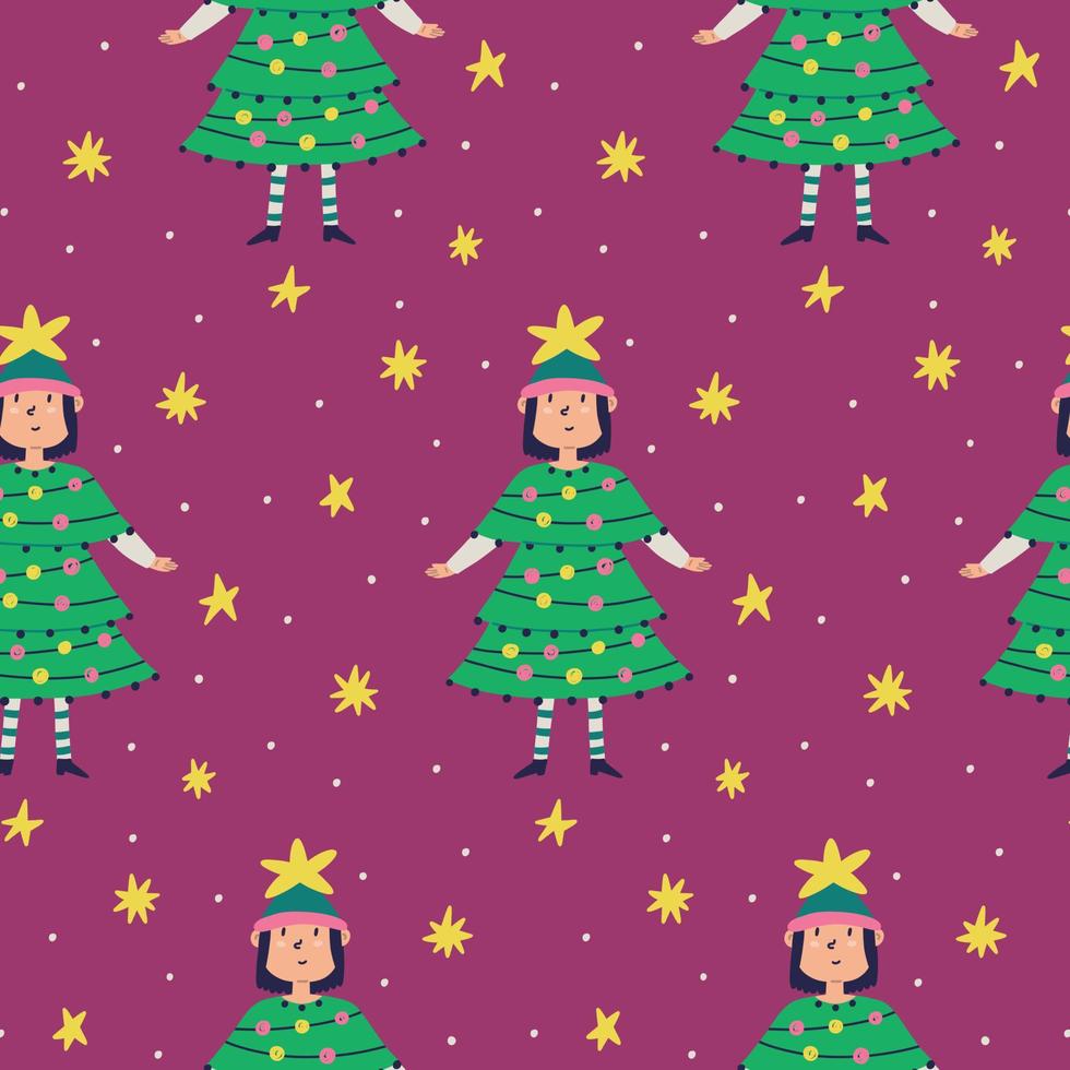 menina de fundo padrão em fantasia de árvore de natal vetor