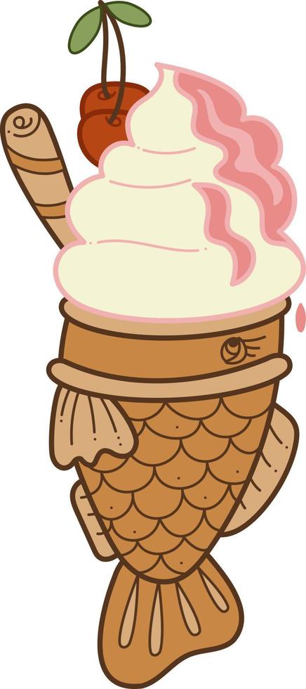 taiyaki único doodle8. lindo peixe recheado doce asiático com sorvete. ilustração em vetor cor dos desenhos animados.