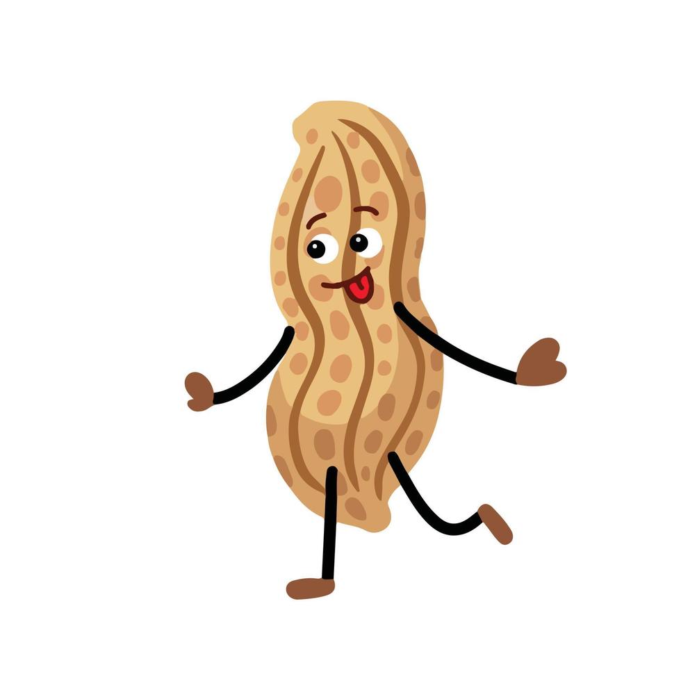 personagem de vetor de amendoim animado com olhar para o rosto esquerdo e pular o mascote de expressão corporal. ilustração de comida com estilo plano simples de desenho animado isolado no fundo liso.