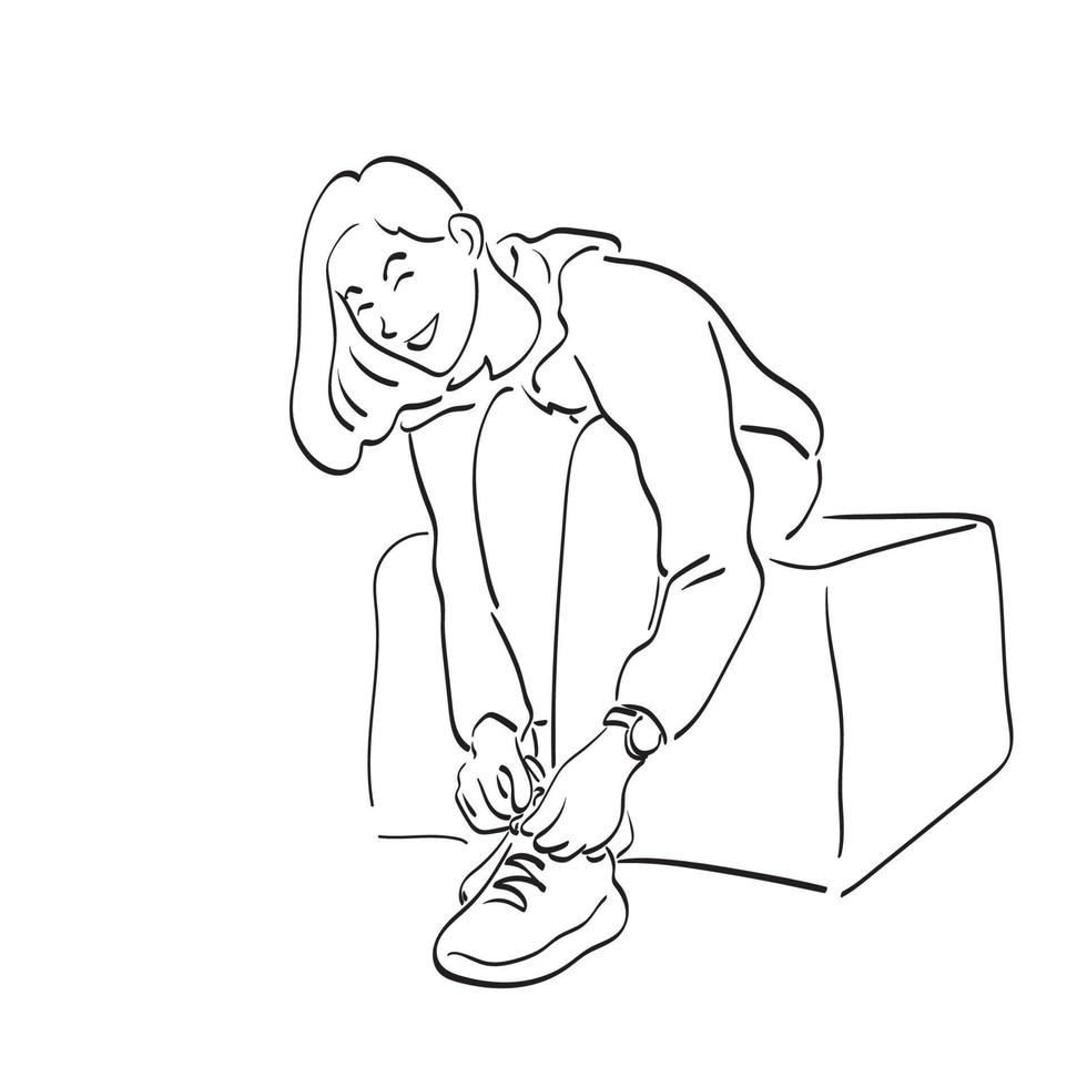 mulher de aptidão de arte de linha amarrando cadarços ilustração vetorial mão desenhada isolada no fundo branco vetor