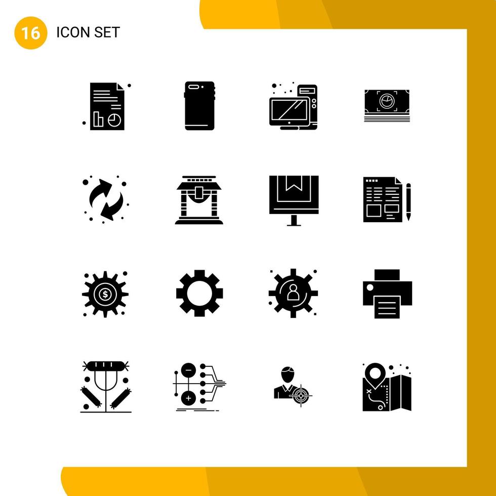 conjunto de pictogramas de 16 glifos sólidos simples de reciclagem de dinheiro de computador em dinheiro, elementos de design de vetores editáveis