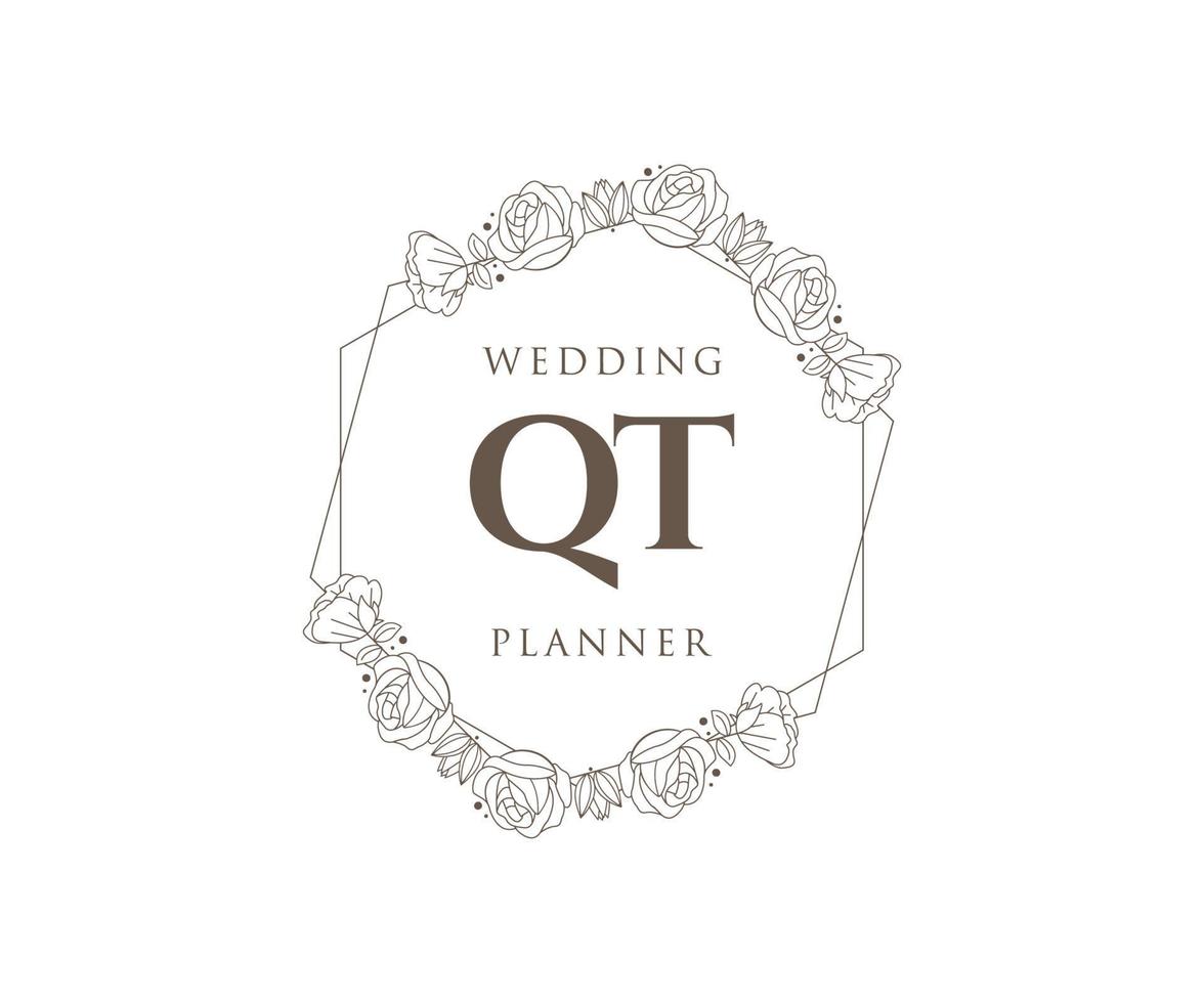 coleção de logotipos de monograma de casamento de carta inicial qt, modelos modernos minimalistas e florais desenhados à mão para cartões de convite, salve a data, identidade elegante para restaurante, boutique, café em vetor