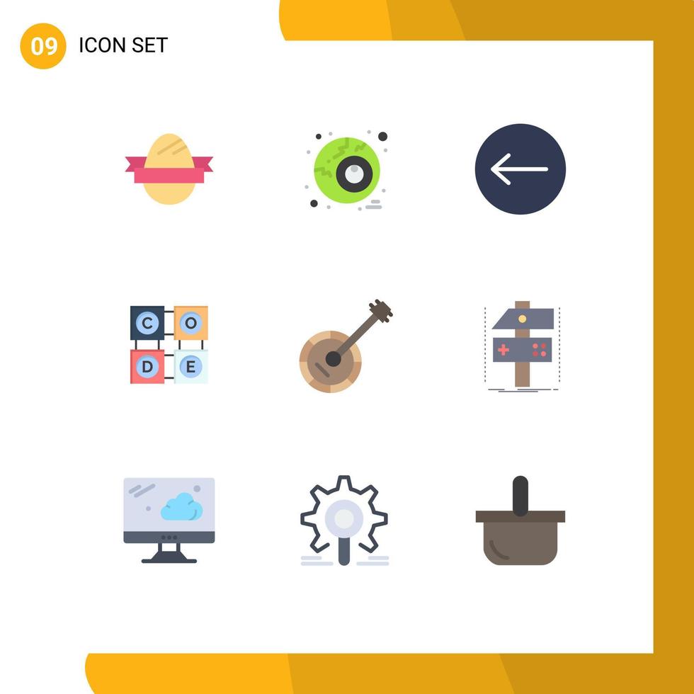 pacote de 9 sinais e símbolos modernos de cores planas para mídia impressa na web, como música, banjo, código de áudio esquerdo, aprendizagem de elementos de design vetorial editáveis vetor