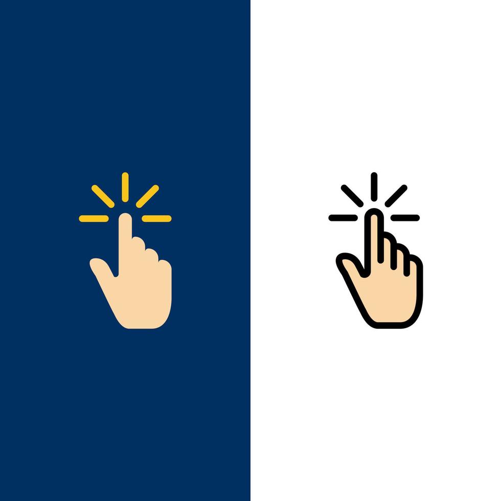 clique em gestos de gesto de dedo mão toque em ícones plano e conjunto de ícones cheios de linha vector fundo azul