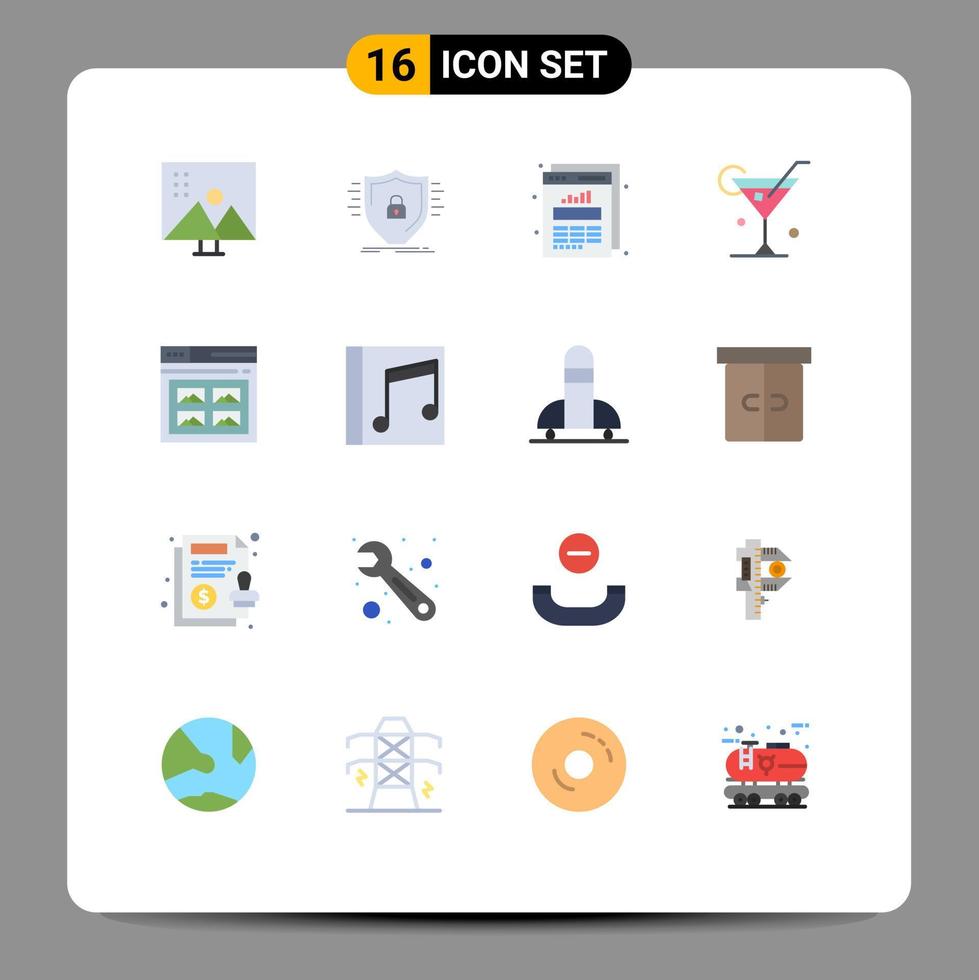 grupo de 16 sinais e símbolos de cores planas para pacote editável de gráfico de vidro de segurança de bebida de primavera de elementos de design de vetores criativos