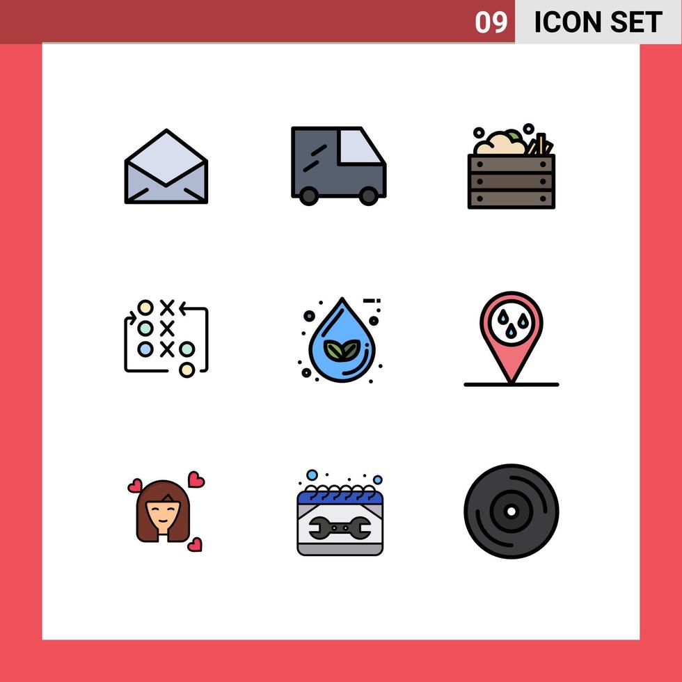conjunto de cores planas de linha preenchida de interface móvel de 9 pictogramas de tática de jardim tático de folha move elementos de design de vetores editáveis