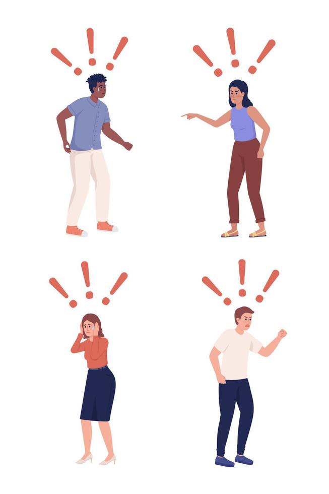 pessoas expressando emoções negativas conjunto de caracteres de vetor de cor semiplana. figuras editáveis. pessoas de corpo inteiro em branco. pacote de ilustração de estilo de desenho animado simples para design gráfico e animação na web