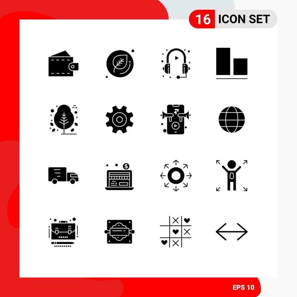 conjunto de glifos sólidos de interface móvel de 16 pictogramas de planta dia de agradecimento fone de ouvido alinhamento vertical elementos de design de vetores editáveis