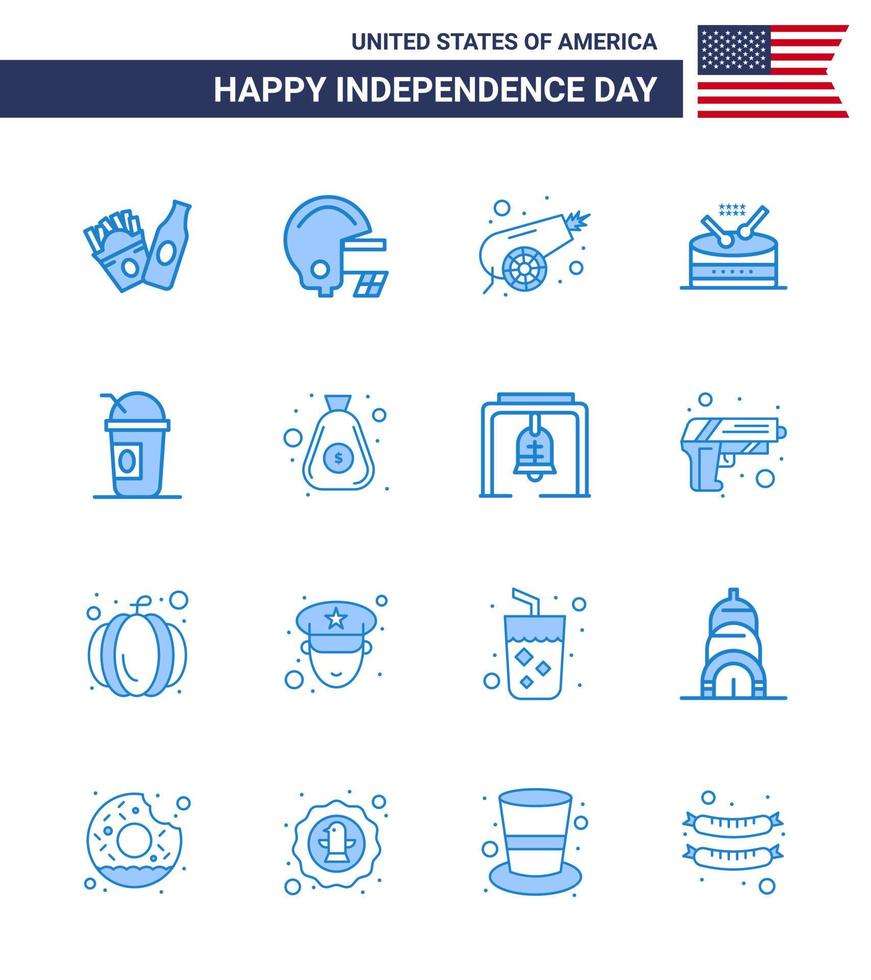 dia da independência dos eua azul conjunto de 16 pictogramas dos eua dos estados guerra americana américa música editável dia dos eua vetor elementos de design