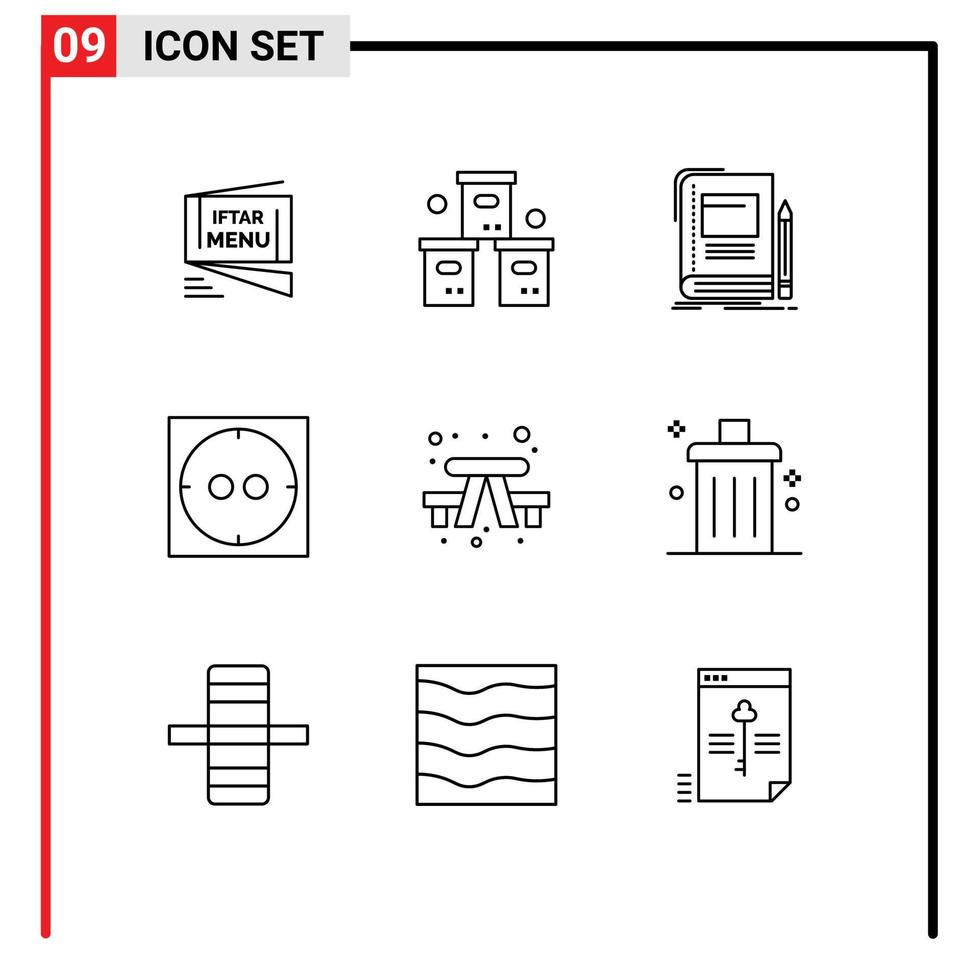 conjunto moderno de 9 contornos e símbolos, como elementos de design de vetores editáveis de educação escolar de embalagens elétricas de banco