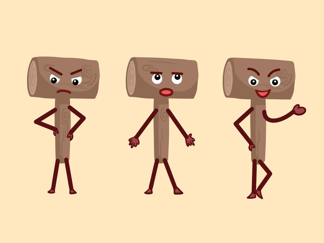 três conjuntos de ilustração de mascote de personagem de vetor de objeto de martelo de madeira isolada em fundo liso. desenho em quadrinhos de desenho animado com estilo simples de arte plana com expressões engraçadas e linguagem corporal.