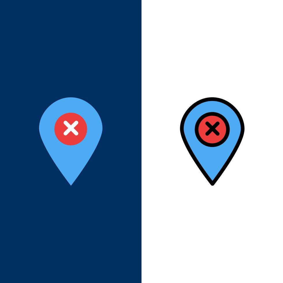 ícones de pinos de navegação de mapa de localização planos e conjunto de ícones cheios de linha vector fundo azul