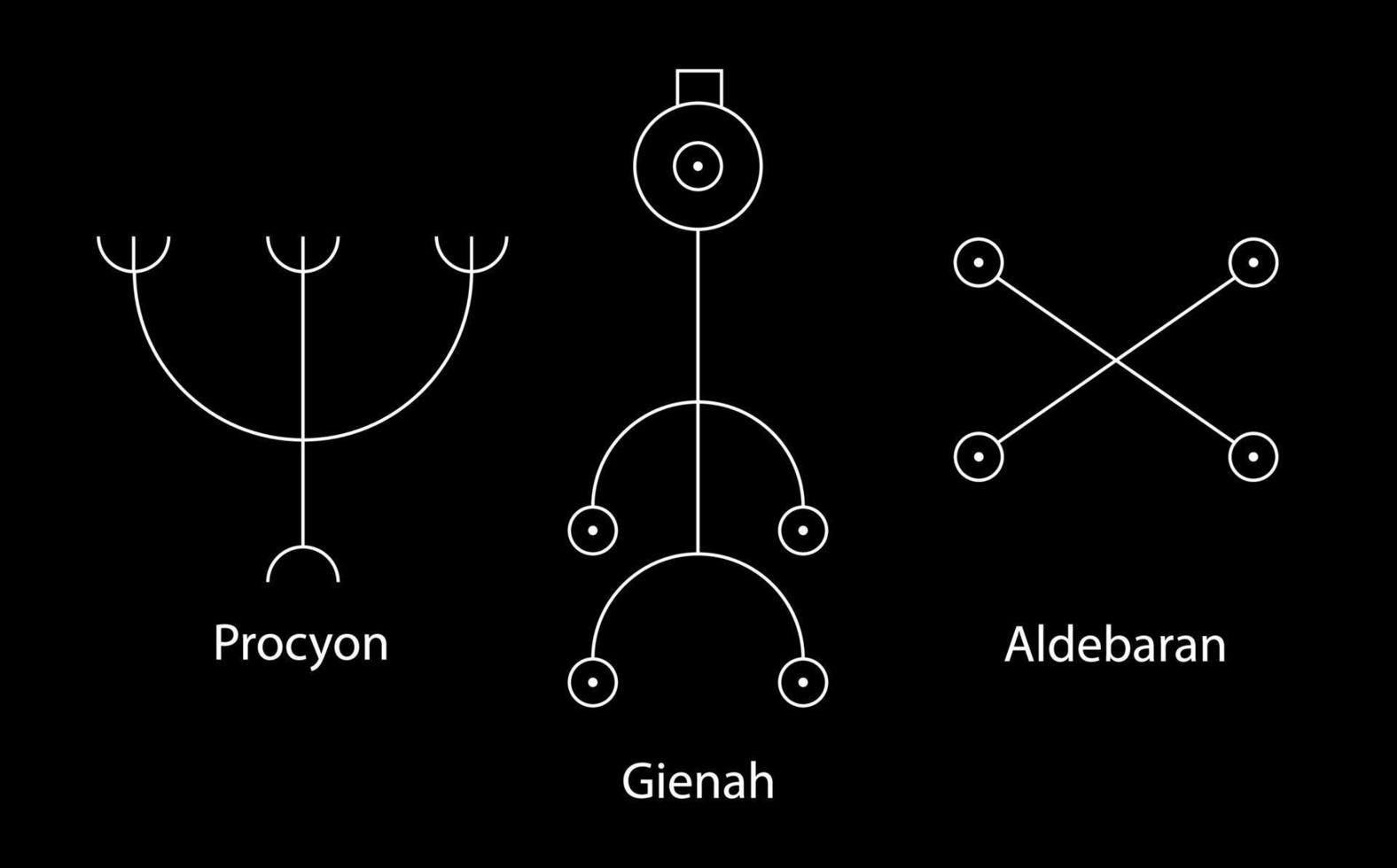 estrelas da astrologia, procyon ou canis minor, gienah ou corvus, aldebaran ou oculus tauri. definir sinal hieroglífico, símbolos mágicos cabalísticos herméticos. vetor de arte de linha branca isolado em fundo preto