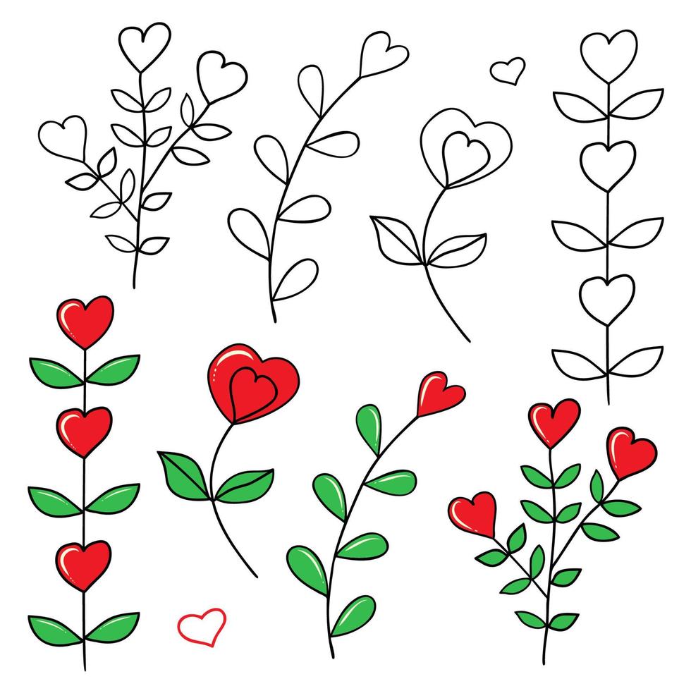 ilustração de plantas com folhas e corações. um conjunto de ilustrações vetoriais em preto e colorido para dia dos namorados, aniversário, 8 de março. ilustrações no estilo doodle. vetor