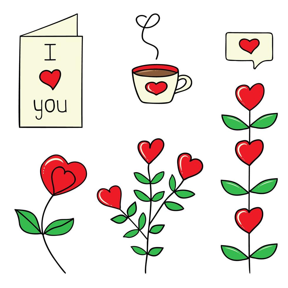 conjunto vetorial de cartões de amor, copos com coração, galhos com folhas e corações, sms. elementos doodle desenhados à mão isolados em um fundo branco. vetor