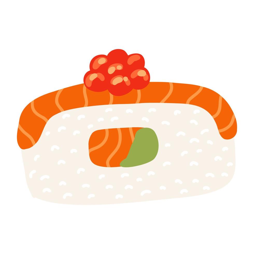 nigiri de sushi com salmão e caviar vermelho em estilo simples de desenho animado. cozinha tradicional japonesa desenhada à mão vetor