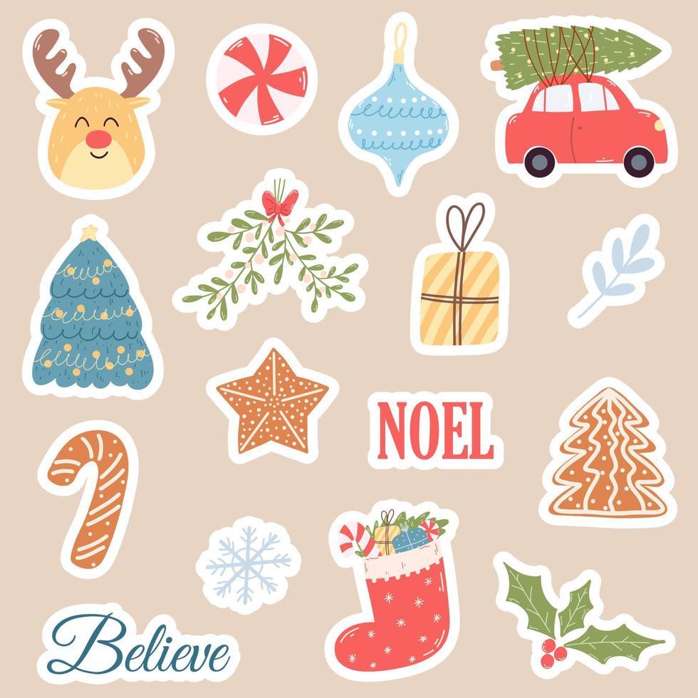 adesivos de natal e ano novo em estilo simples de desenho animado. personagens fofinhos desenhados à mão, presentes de feriado, doces, biscoitos, elementos florais e letras vetor