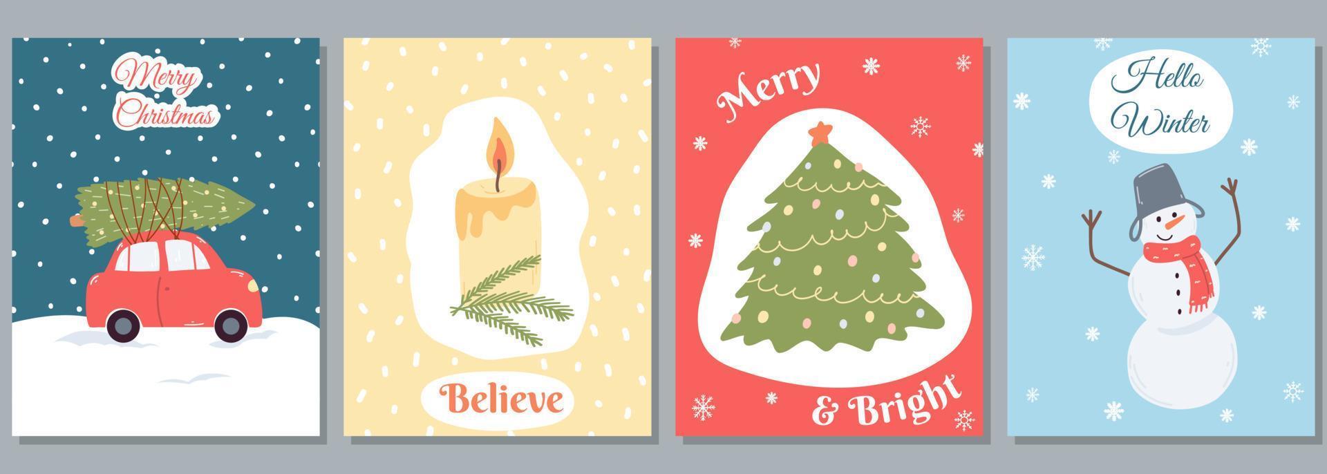 conjunto de cartão de saudação de natal e ano novo em estilo simples de desenho animado. ilustração vetorial desenhada à mão para cartões, impressão, pôster, modelo de mídia social vetor