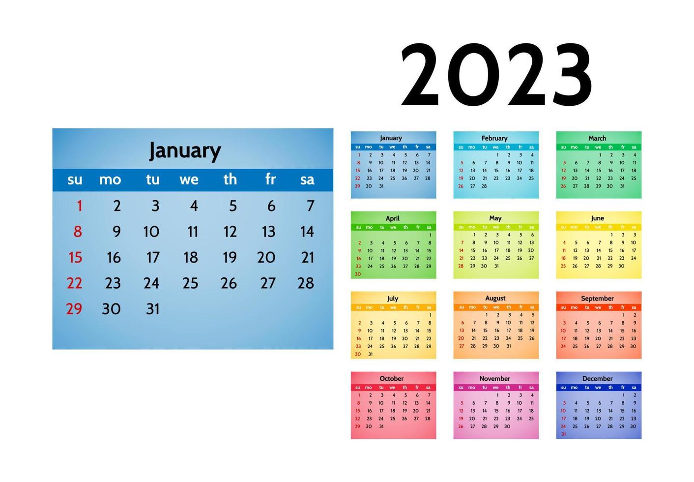 calendário para 2023 isolado em um fundo branco. domingo a segunda-feira, modelo de negócios. ilustração vetorial vetor