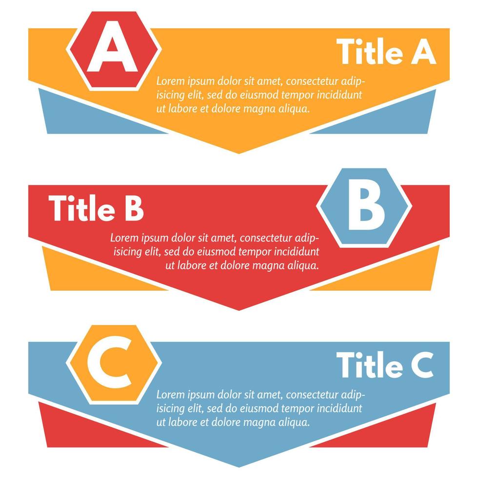 conjunto de três banners de opções coloridas horizontais. modelo de design infográfico passo a passo. ilustração vetorial vetor