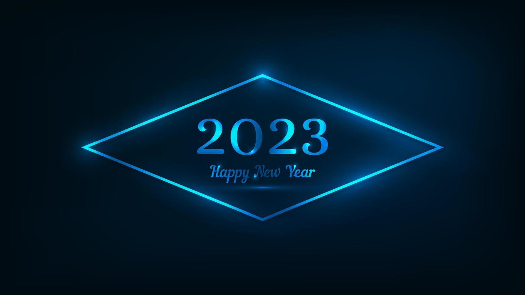 2023 feliz ano novo fundo neon. moldura de losango neon com efeitos brilhantes para cartão de saudação de feriado de natal, panfletos ou cartazes. ilustração vetorial vetor