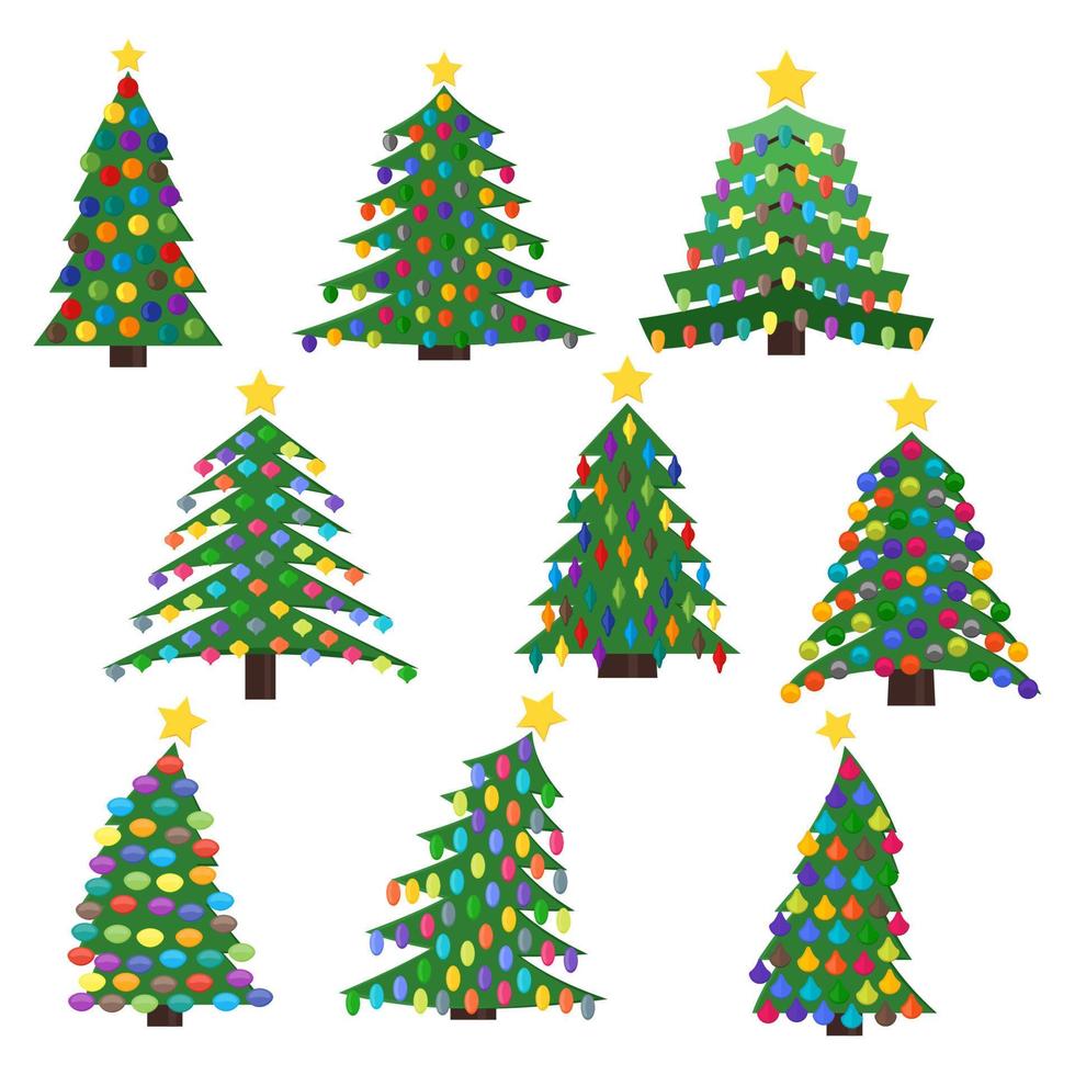 conjunto de nove árvores de natal com bolas de natal e estrelas no topo. ilustração vetorial. vetor