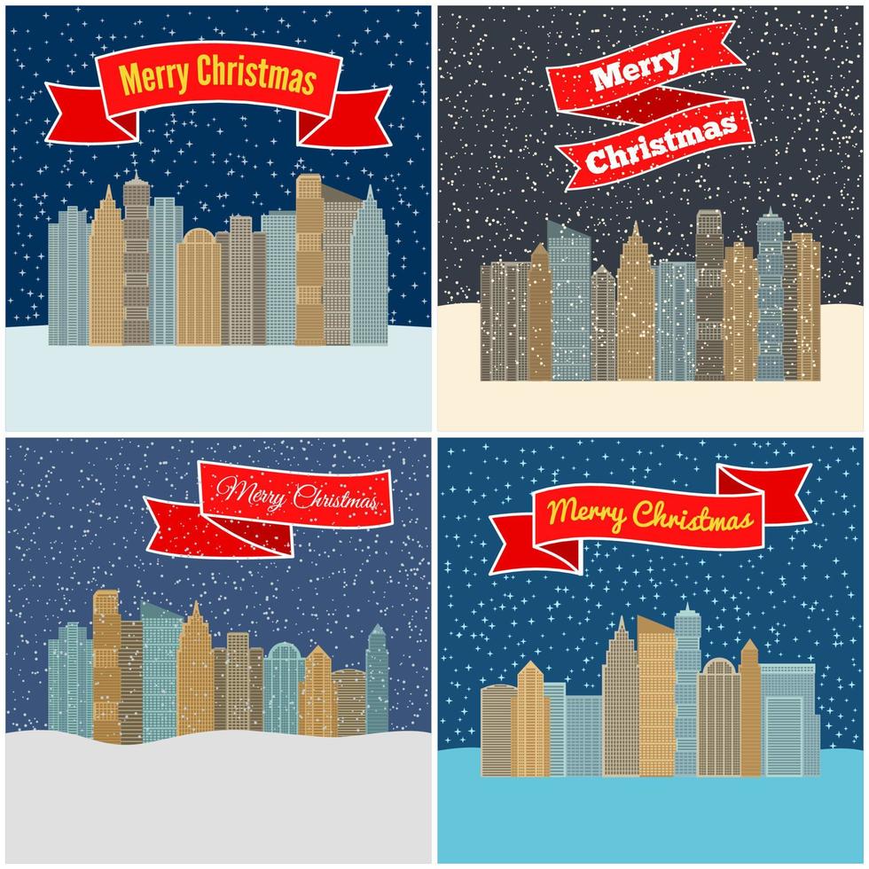 conjunto de quatro ilustração vetorial com cidade noturna com fitas vermelhas com a inscrição feliz natal. vetor