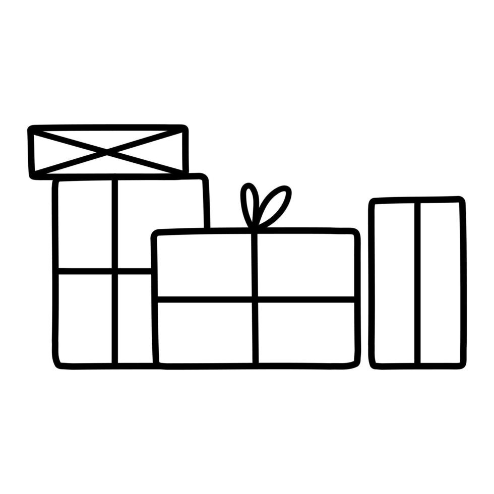 ano novo desenhado à mão e caixas de presente de natal. doodle para cartões, cartazes, adesivos e design sazonal. vetor