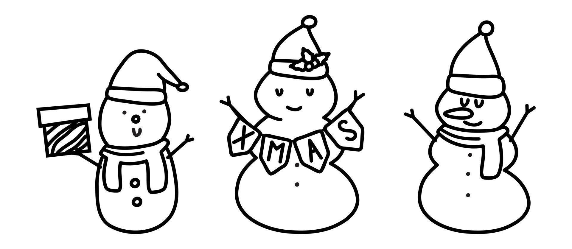 doodle ilustração de inverno de um boneco de neve com uma cenoura e um chapéu de Papai Noel. cartões de design, cartazes, embrulhos de presente. vetor