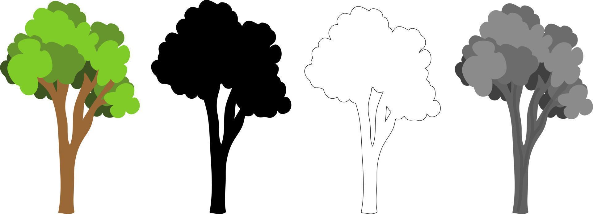 vetor de árvores de coleção, silhueta de árvore, arte de linha de árvore em fundo branco.