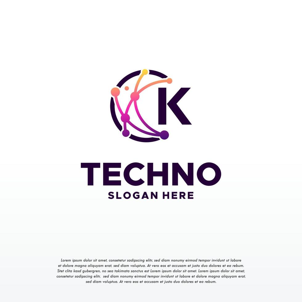 k logotipo de tecnologia de pixel inicial projeta vetor de conceito, logotipo de fio digital de internet de rede