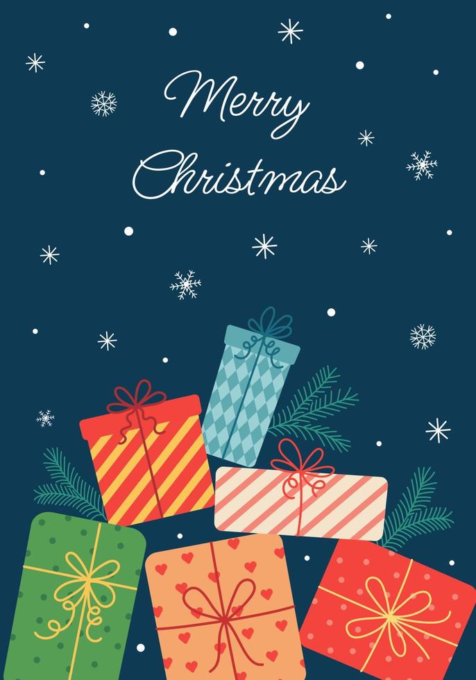 cartão de natal com uma pilha de caixas de presente em lindo papel de embrulho, galhos de árvores de natal e flocos de neve. ilustração em vetor plana bonito.