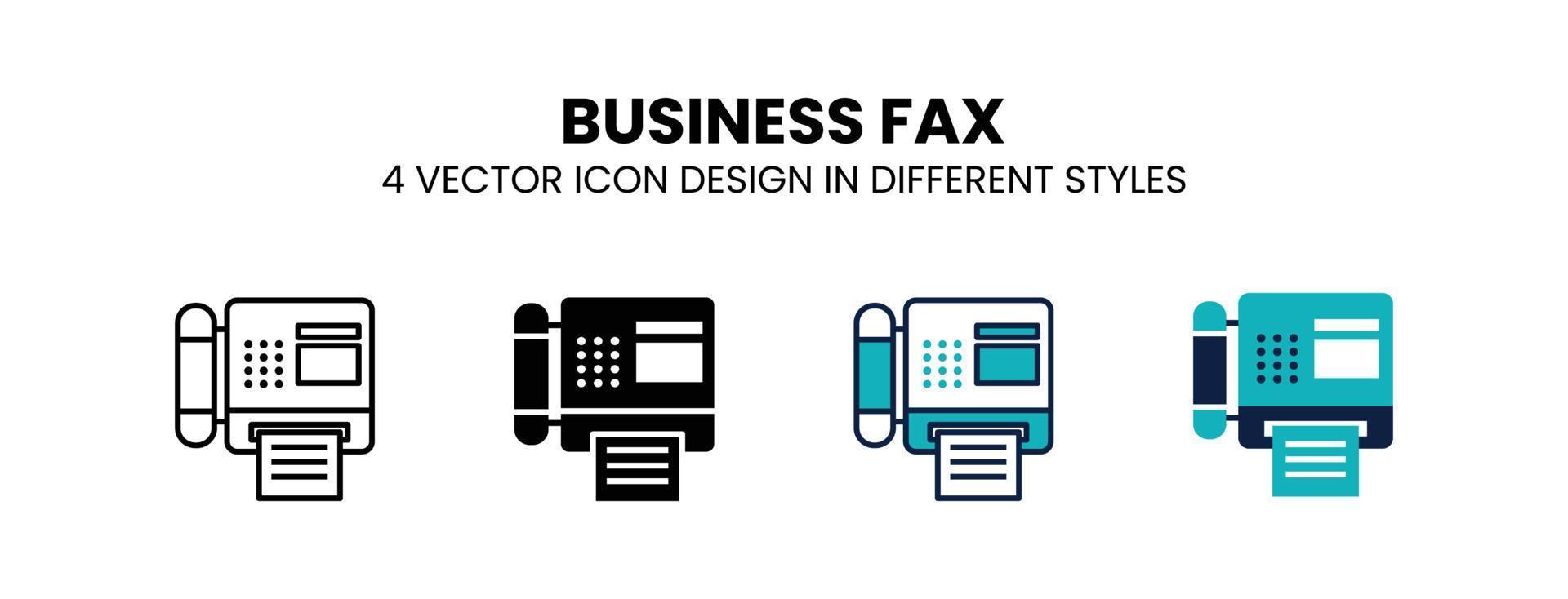 ícone de fax de negócios em contorno, linha fina, estilo sólido, preenchido e plano. a ilustração vetorial de dois designs de ícones vetoriais de fax de negócios coloridos e pretos pode ser usada para dispositivos móveis, interface do usuário, web vetor