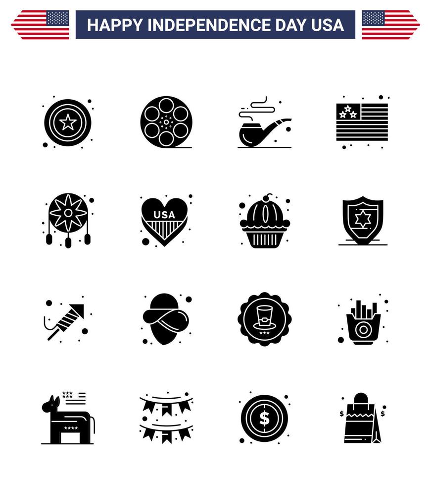 grande pacote de 16 eua feliz dia da independência eua vector glifos sólidos e símbolos editáveis do apanhador de sonhos americano decoração de fumaça eua editável elementos de design do vetor do dia dos eua