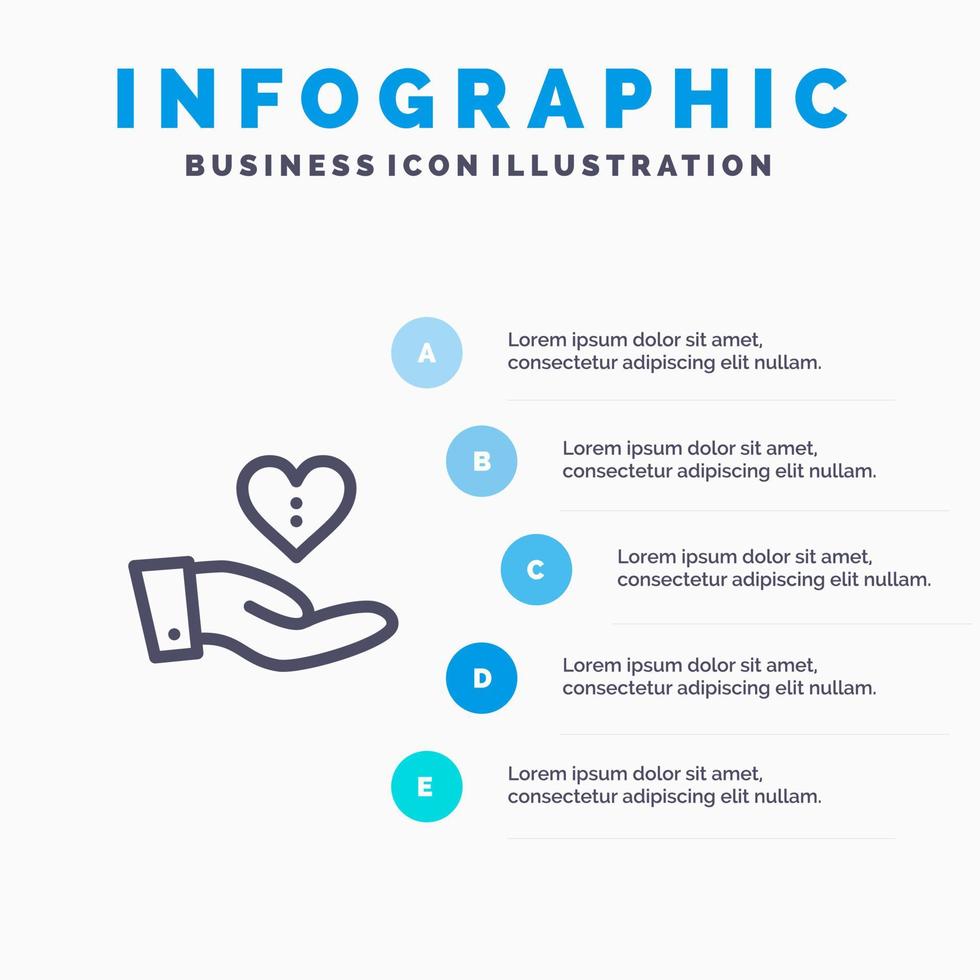 doação de caridade dando ícone de linha de amor de mão com fundo de infográficos de apresentação de 5 etapas vetor