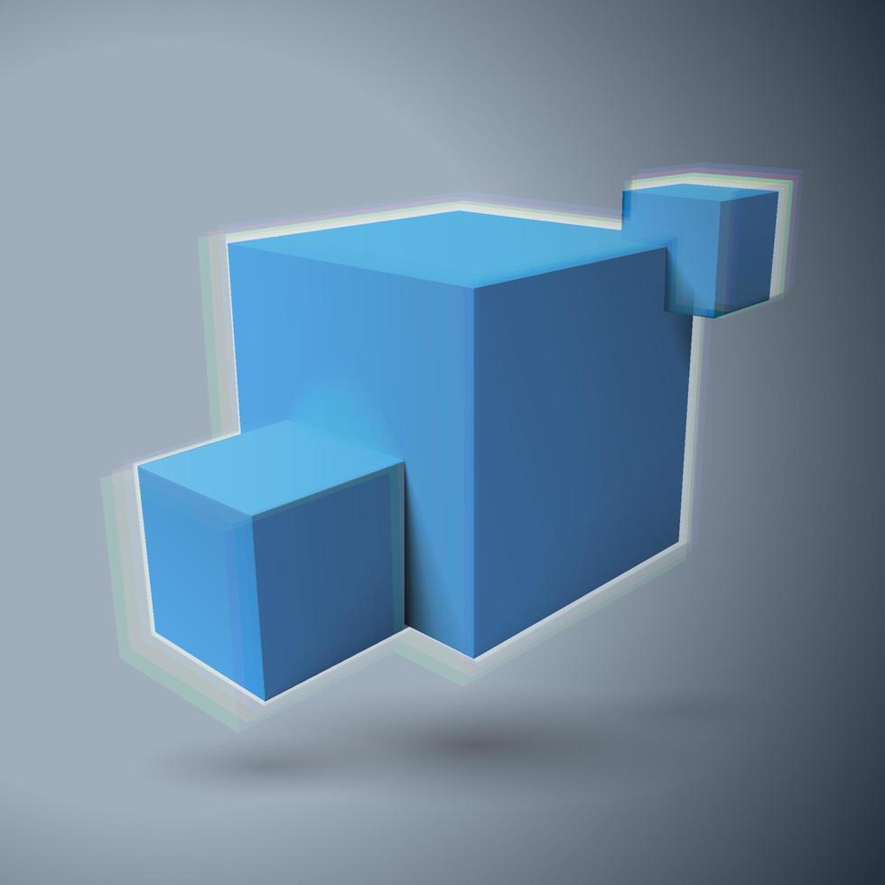 logotipo de três cubos azuis 3d com aberrações de cor vetor