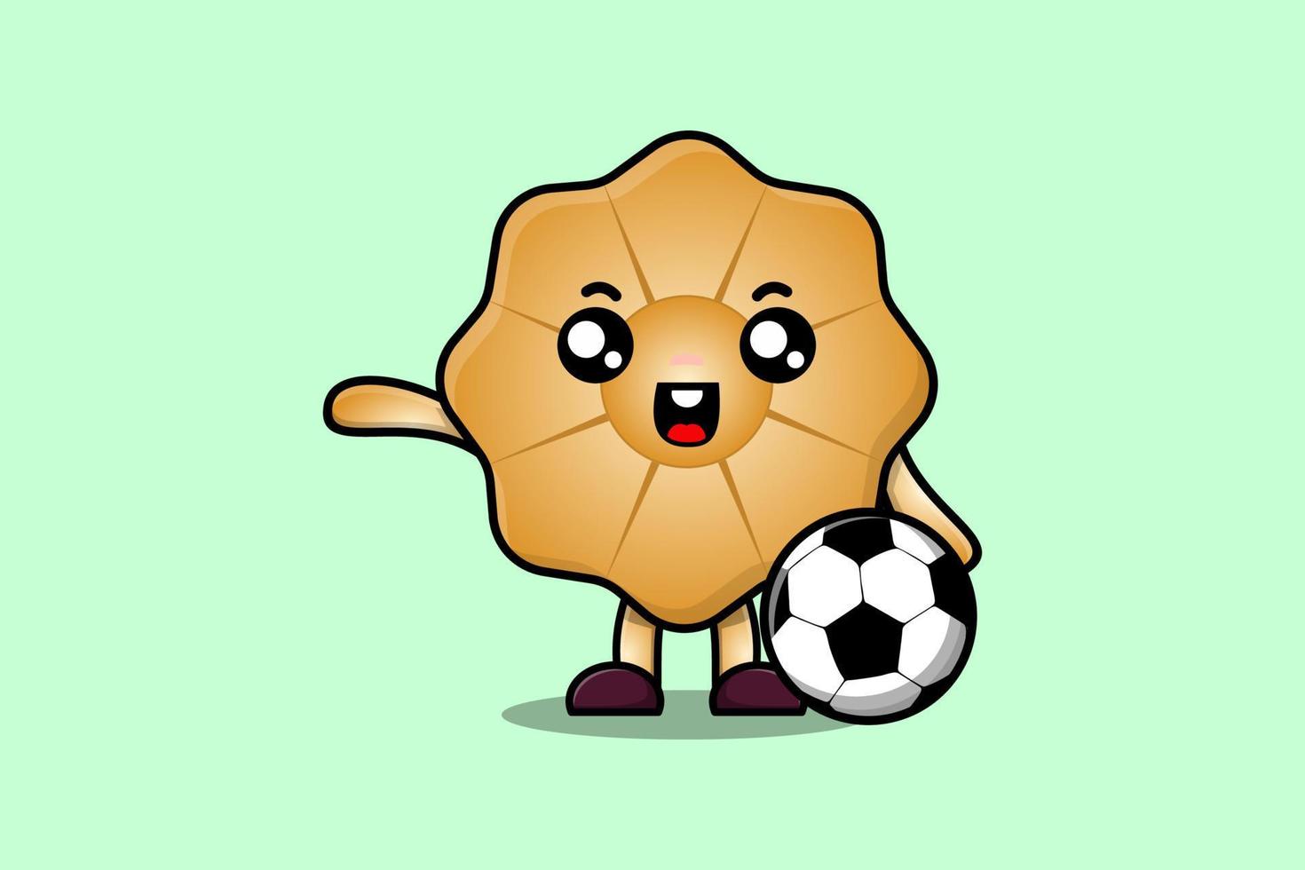 personagem de biscoitos de desenho animado bonito jogando futebol vetor