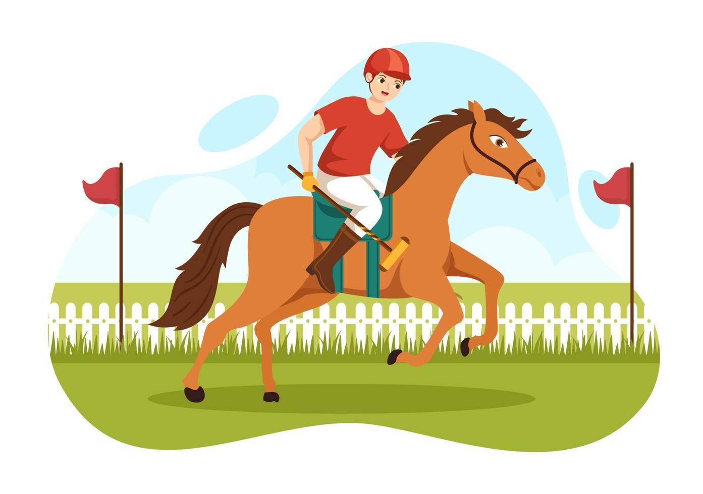 esportes de cavalo polo com jogador andando a cavalo e segurando equipamento de uso de bastão definido em cartaz de desenho animado plano ilustração de modelo desenhado à mão vetor