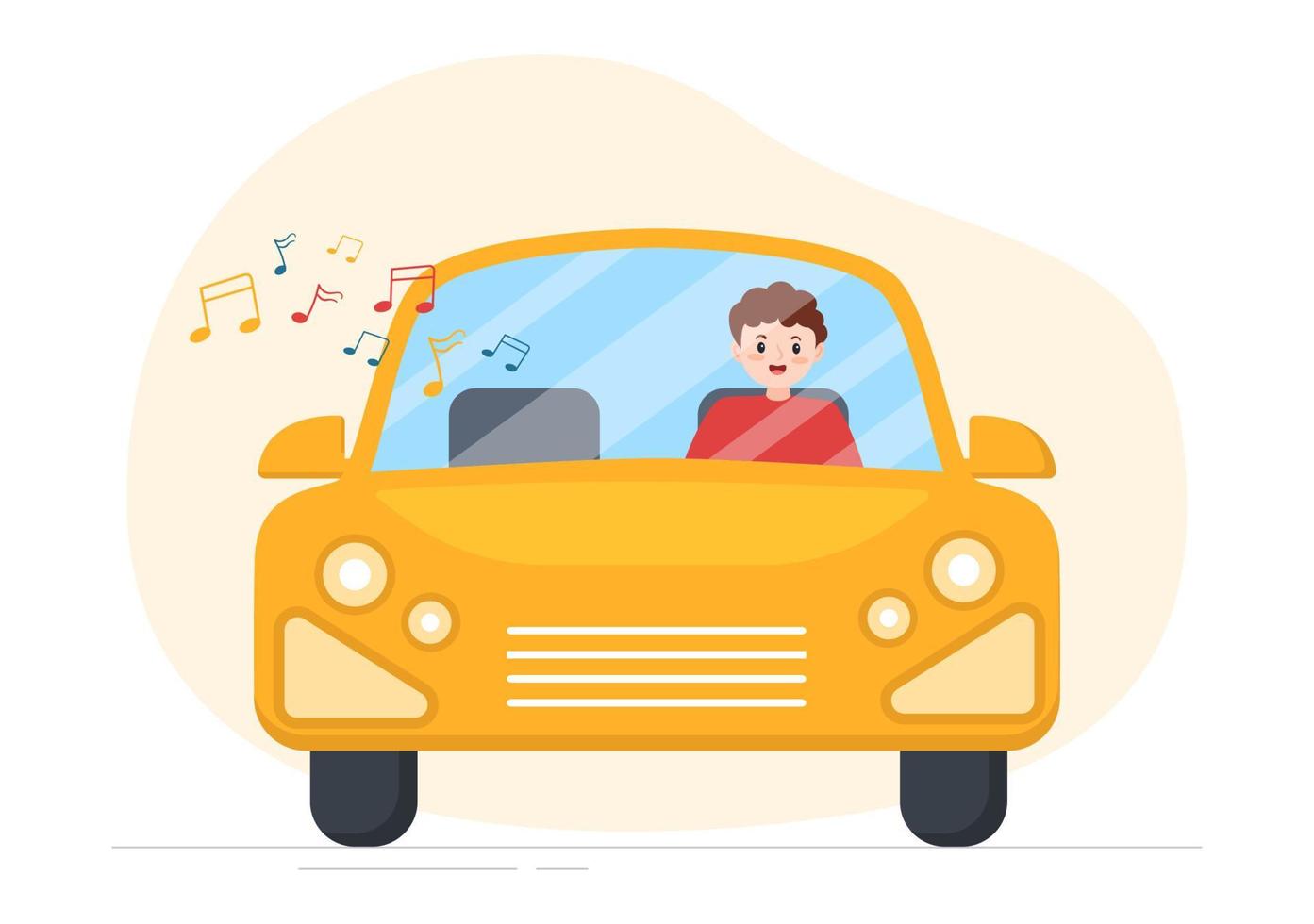 dirigindo um carro ouvindo música com alto-falantes ou sistema de som na ilustração de modelos desenhados à mão de pôster de desenho animado plano vetor